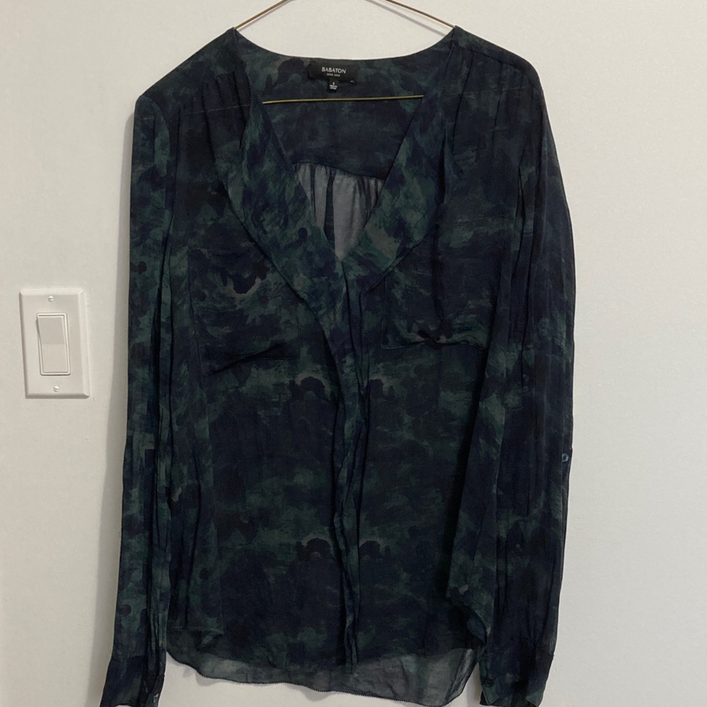 Babaton Dark Green, Blue and Black Sheer Silk Blouse